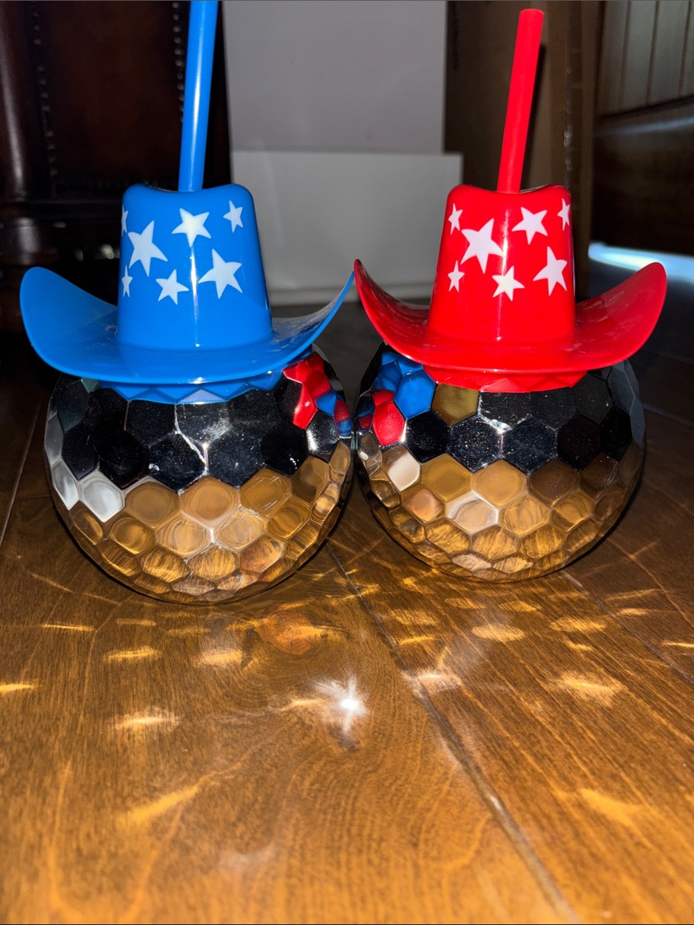 Red and Blue Star Cowboy Hat Disco Ball Drink Tumblers - Party Lights